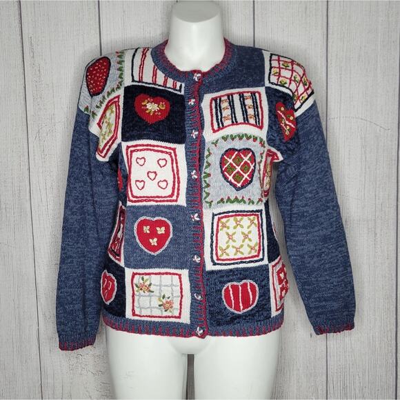 Heirloom Collectibles Patchwork Heart Valentine's Day Cardigan Sweater, size M - Picture 1 of 6